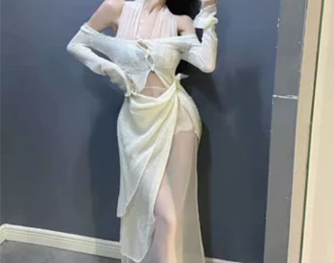 别致性感风网纱挂脖连衣裙女纯欲仙气裙子微透...