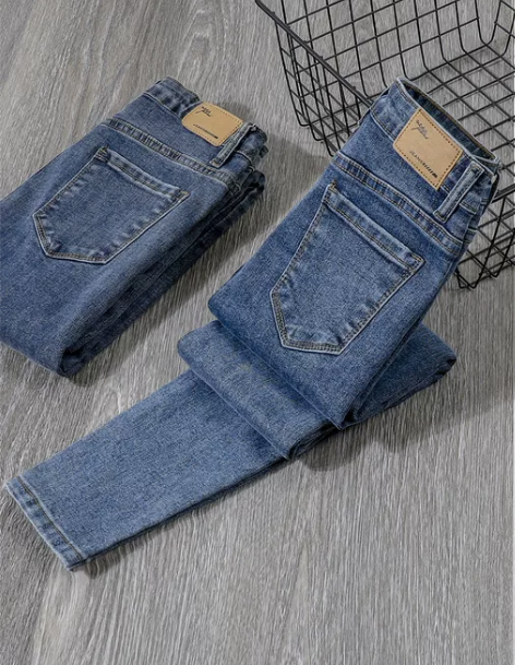 牛仔铅笔裤 铅笔蓝色修身加绒裤女2022新...