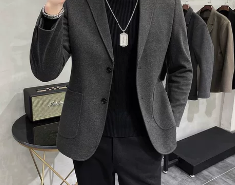毛呢西装外套男冬季高级感雅痞休闲单西韩版潮...