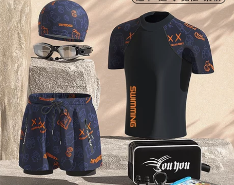 泳衣泳镜泳衣男款专业防尴尬大码宽松双层游泳...