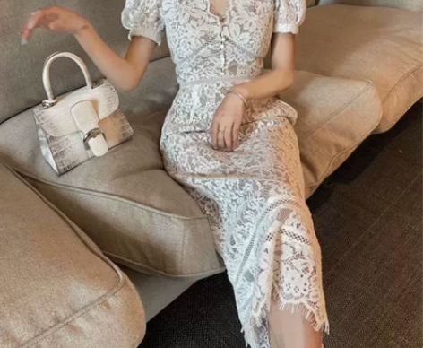 FBB李明萱2021夏新款蕾丝连衣裙重工绣...