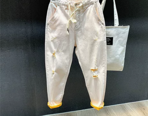 白色破洞九分牛仔裤男潮牌夏季薄款休闲裤子潮...