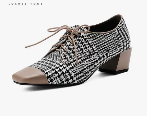 纳瑟系带深口粗跟单鞋女英伦中跟女鞋秋款时尚...