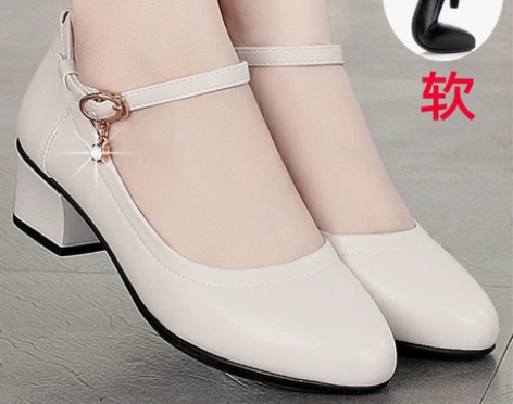 单鞋工作鞋单鞋真皮鞋圆头粗跟中跟妈妈中年大...