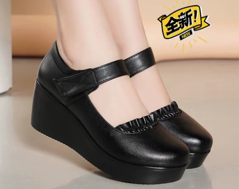 坡跟单鞋女2022新款中跟厚底防水台软皮软...