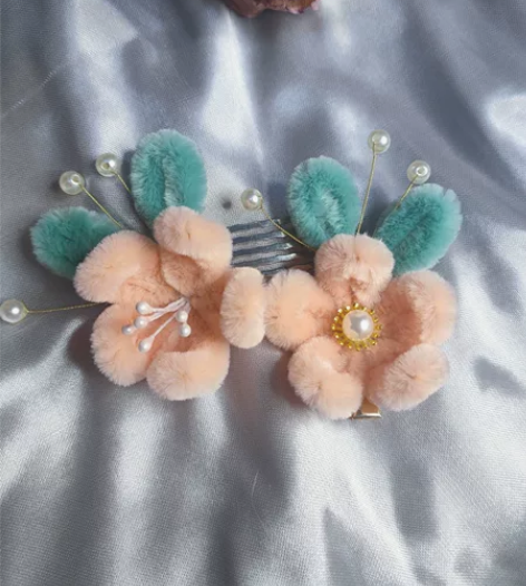 橘粉色仿绒花发簪五瓣小花  汉服发饰发梳发...