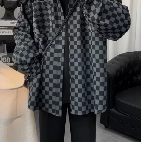 全新春秋高级感棋盘格子衬衫男长袖设计感小众...