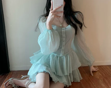 法式泡泡袖连衣裙女设计感小众夏季新款胖mm...