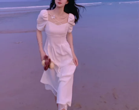 法式复古茶歇方领温柔风甜美白色连衣裙仙女长...