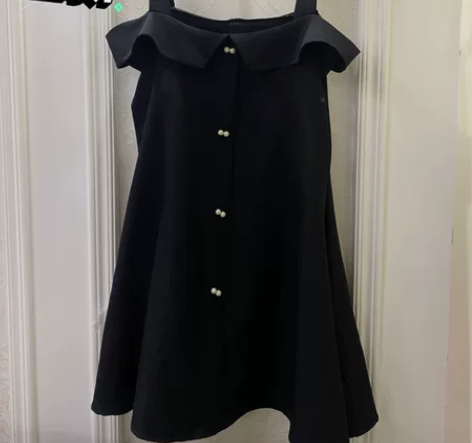 一字肩一字领吊带连衣裙名媛珍珠公主A字裙显...