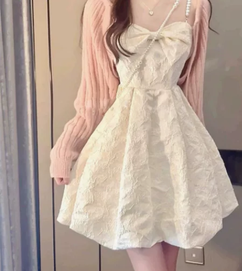 甜美设计感连衣裙套装女蓬蓬裙浪漫珍珠收腰提...