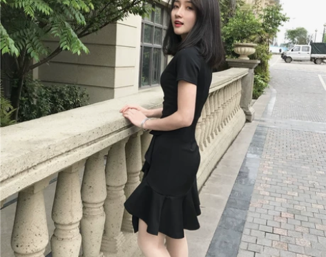 冷淡风复古极简裙子学生不规则荷叶边显瘦连衣...