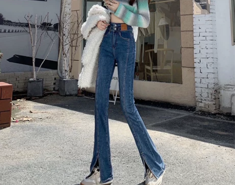 超高腰弹力垂坠感拖地裤微喇开叉牛仔裤女百搭...