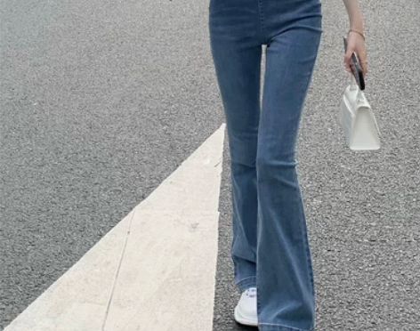不规则牛仔裤女装高腰修身显瘦微喇长裤秋季薄...