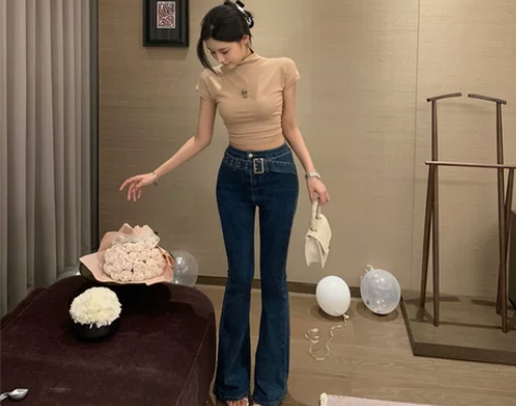 辣妹修身显腿长喇叭裤女设计感高腰显瘦提臀牛...
