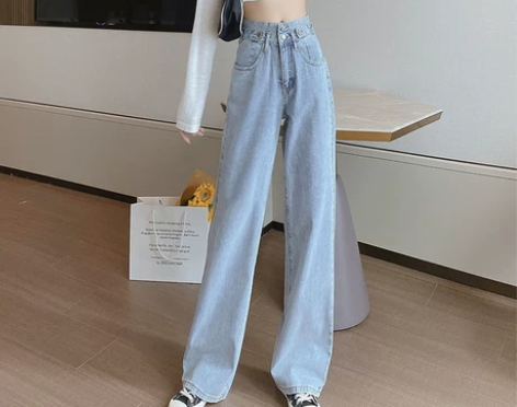 高腰显瘦宽松阔腿牛仔裤女夏季薄款破洞垂感直...