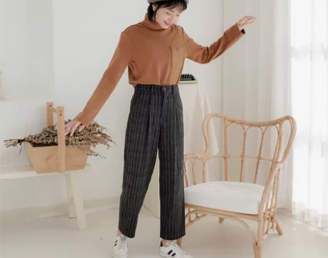 青蔷薇冬季新款学生条纹休闲裤高腰显瘦呢宽松...