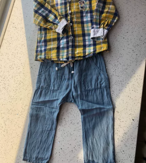 (2岁夏装)男幼童黄蓝格衬衣刺绣小熊+hm...