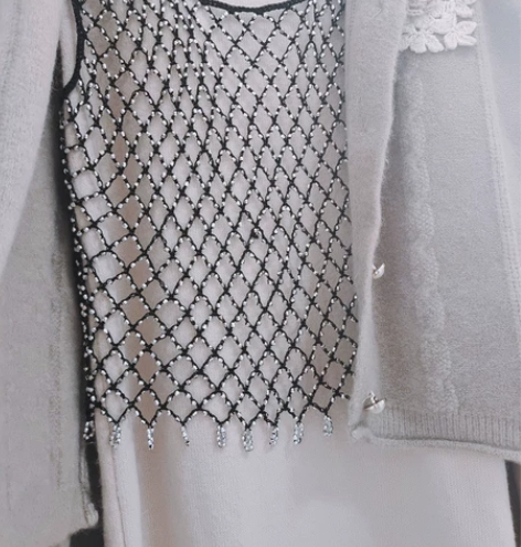 新款手工钩花亮钻石珠子女士叠穿搭配遮肉套头...