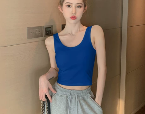 宝蓝色背心女夏外穿u型美背打底上衣短款吊带...