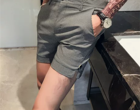 千鸟格三分裤男士夏季新款韩版修身小西裤英伦...