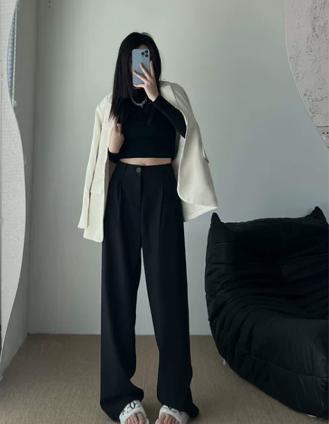 黑色春秋宽松阔腿裤女高腰垂感休闲直筒裤显