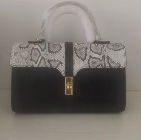 时尚真皮高级感通勤手提包欧美牛皮蛇纹锁扣包...