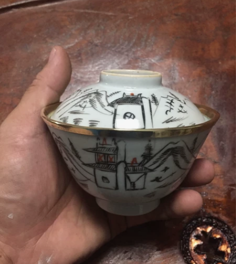 老盖碗茶碗茶盏老茶杯老杯子压手杯粉彩青花清...