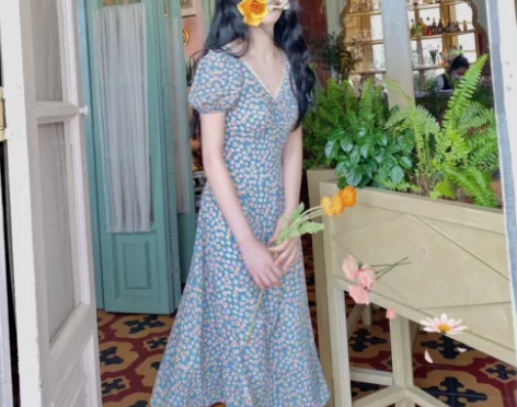 JoeandJoy碎花连衣裙夏法式裙蓝色复...
