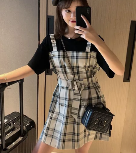 小香风假两件背带裙女夏季小洋装气质格子裙小...