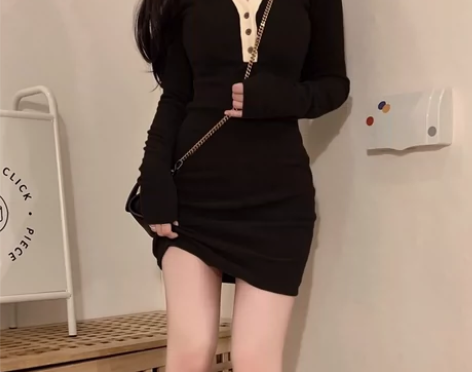 纯欲风polo领针织法式连衣裙修身显瘦包臀...