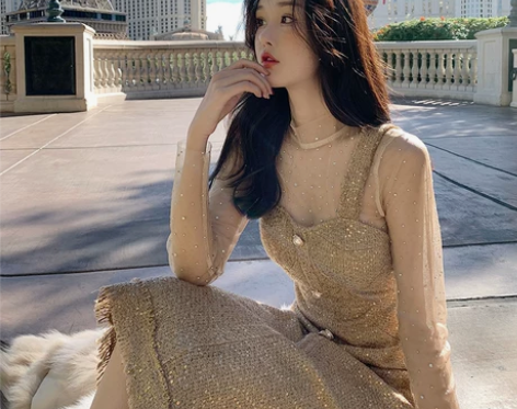 Fancyism 高腰吊带a字裙女中长款秋...