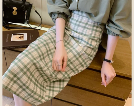 清新弥漫整条街格子半身裙女春装新款高腰显瘦...