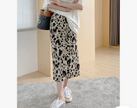 设计感豹纹半身裙女夏季新款高腰复古中长裙显...