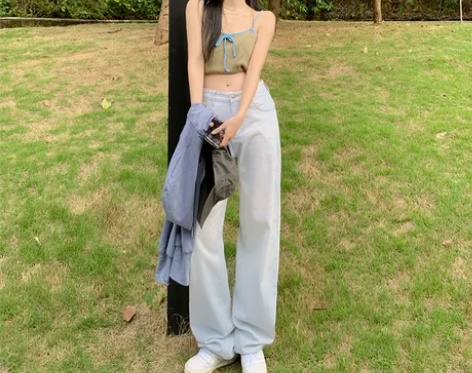RJVO高腰直筒淡蓝色牛仔裤女2023年早...