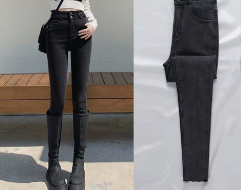 黑灰色小脚牛仔裤女高腰2022年秋冬新款弹...