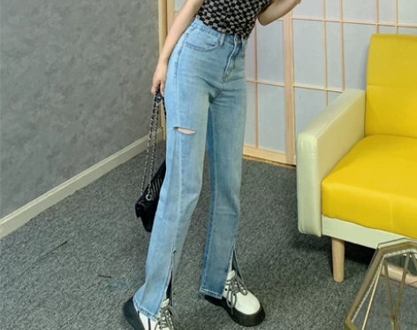 高腰微喇叭牛仔裤女20夏季薄款2021年新...