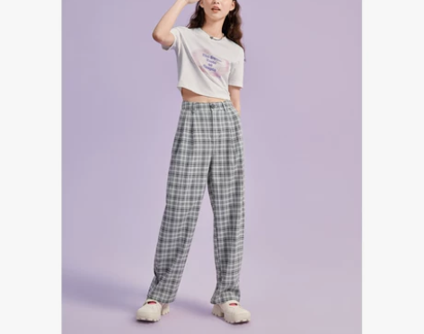 乐町高腰格纹休闲裤女直筒宽松长裤春夏新款黑...