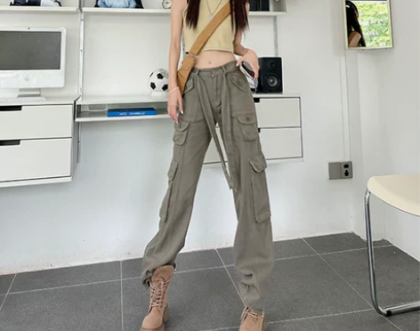 PVJ美式工装牛仔裤女高腰高街多口袋设计感...