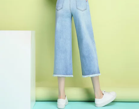 牛仔阔腿裤女夏薄款高腰宽松八分裤直筒中裤薄...