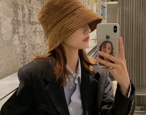 帽子女灯芯绒渔夫帽秋季日系出游防晒遮阳韩版...