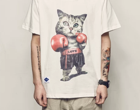 男道夏季新款美式拳击猫咪印花TEE街头潮流...