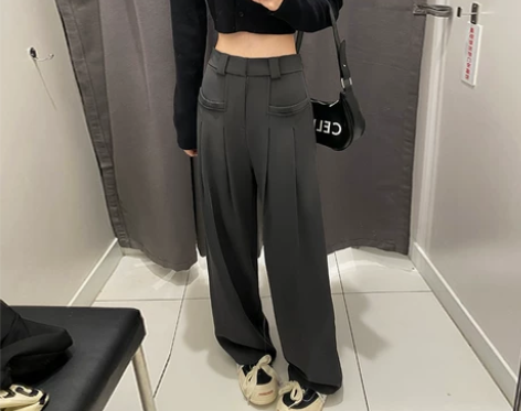 灰色阔腿裤女梨形身材裤子高腰垂感休闲宽松拖...
