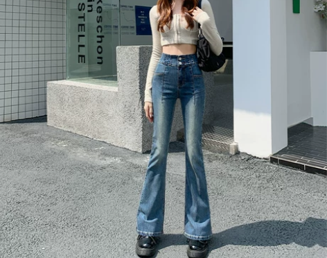 BRN微喇叭牛仔裤女秋季新款设计感小众高腰...