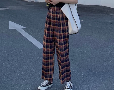 复古港风chic裤子女阔腿高腰直筒格子休闲...