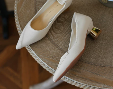 粗跟单鞋单鞋米白色法式高跟鞋女2023早春...