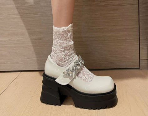 水钻超高跟魔术贴单鞋女厚底防水台玛丽珍松糕...