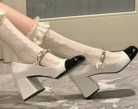 复古玛丽珍鞋女法式miu*方头高跟鞋仙女风...