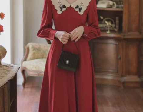 新款法式复古红色连衣裙气质裙子 日常穿搭 ...