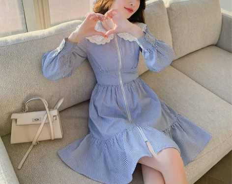 【风尚价】法式温柔风条纹衬衫连衣裙女202...